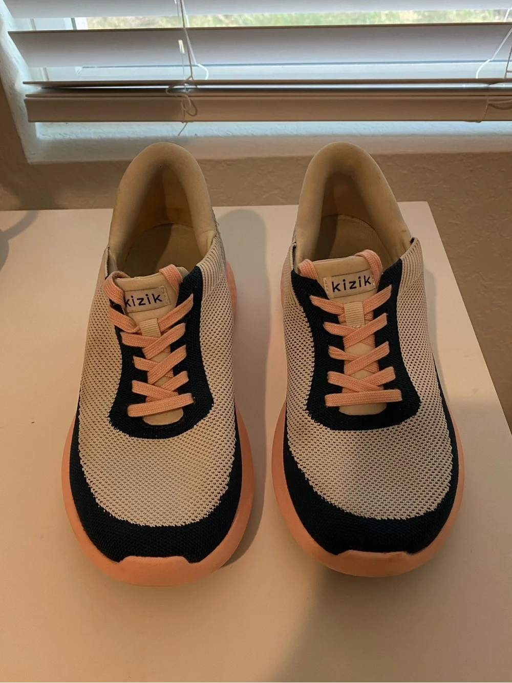 Women's Knit Athletic Sneakers in White, Navy & Peach